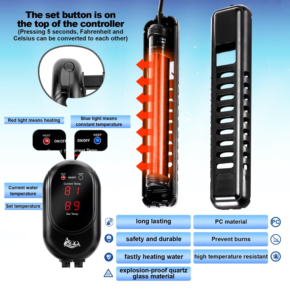Submersible Aquarium Heater (100W/200W/300W) with External Controller, LED Display & 2 Suction Cups - Bild 5