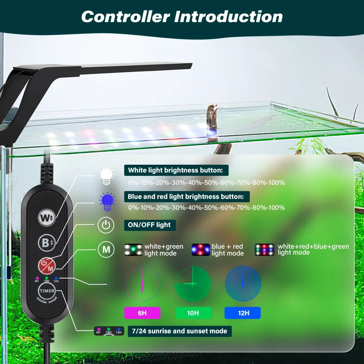 Full Spectrum Aquarium Clip-On LED Light (8W) with 24/7 Mode, 10 Brightness Levels, RGB & USB/Adapter - Bild 3
