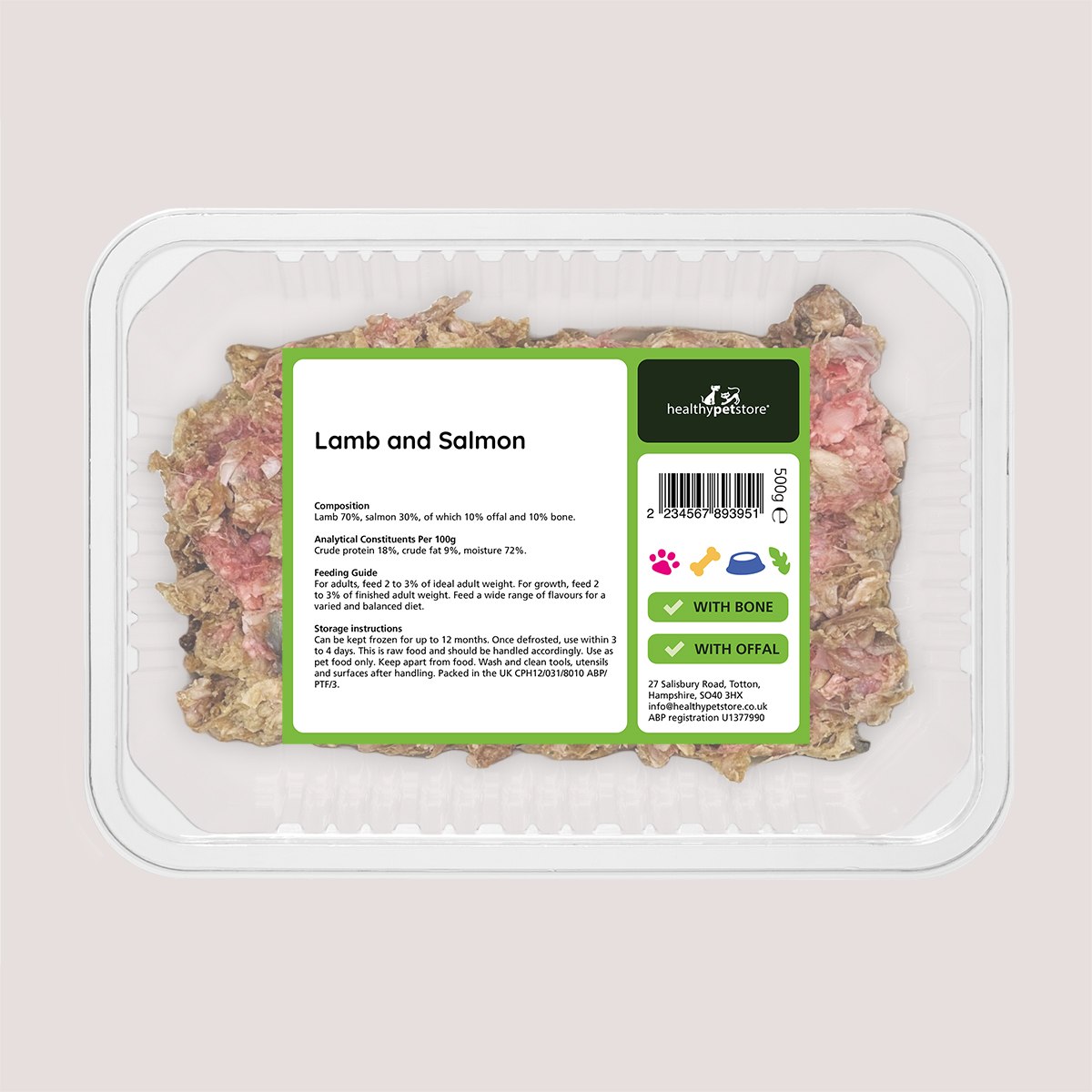 Raw Minced Lamb & Salmon With Bone & Offal 500g - Bild 2