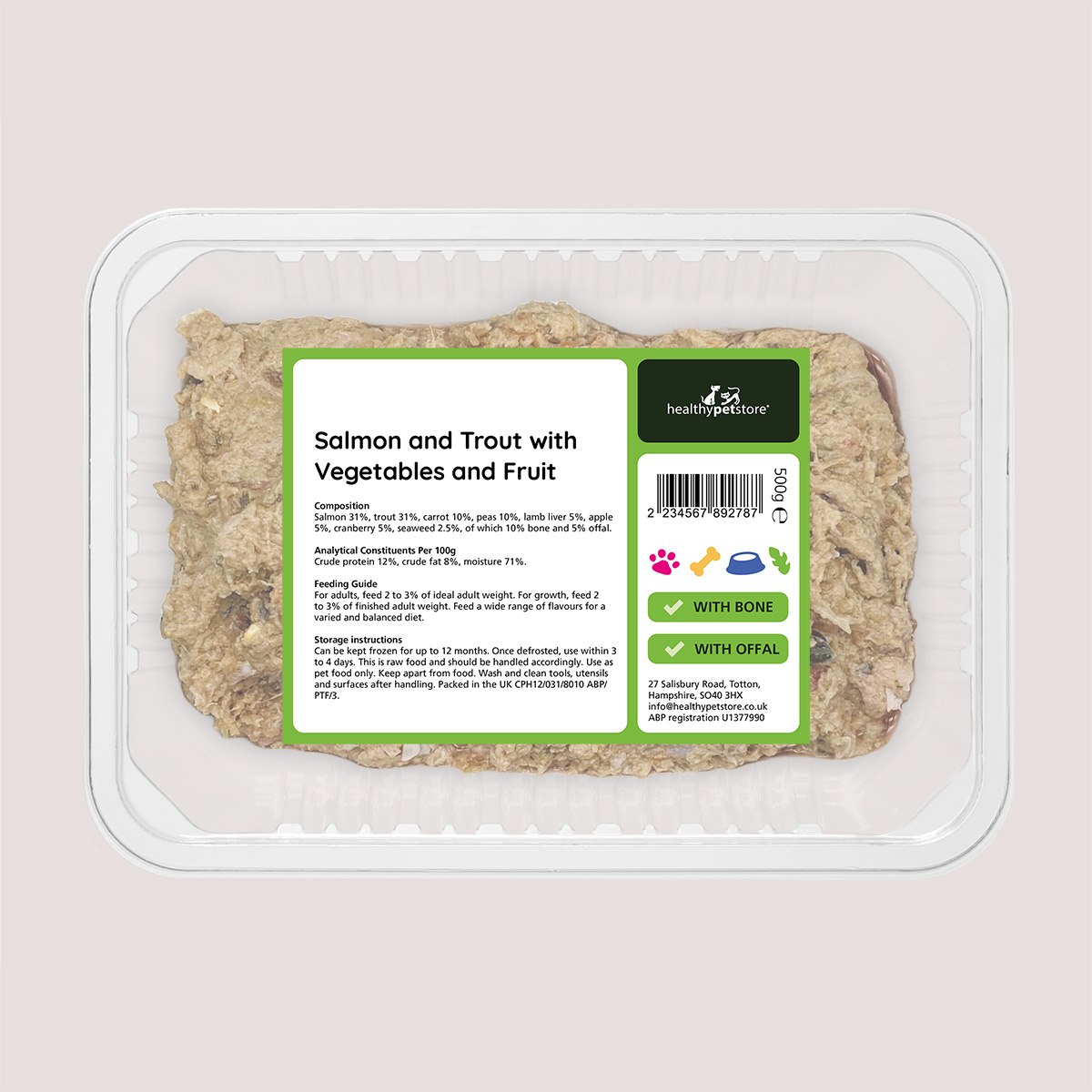 Raw Minced Salmon & Trout With Vegetables & Fruit With Bone & Offal 500g