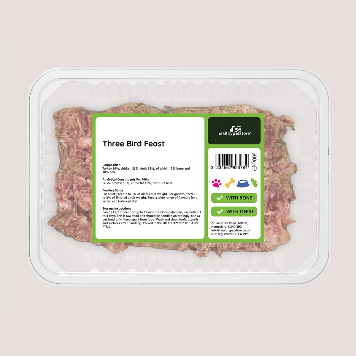 Raw Minced Three Bird Feast With Bone & Offal 500g