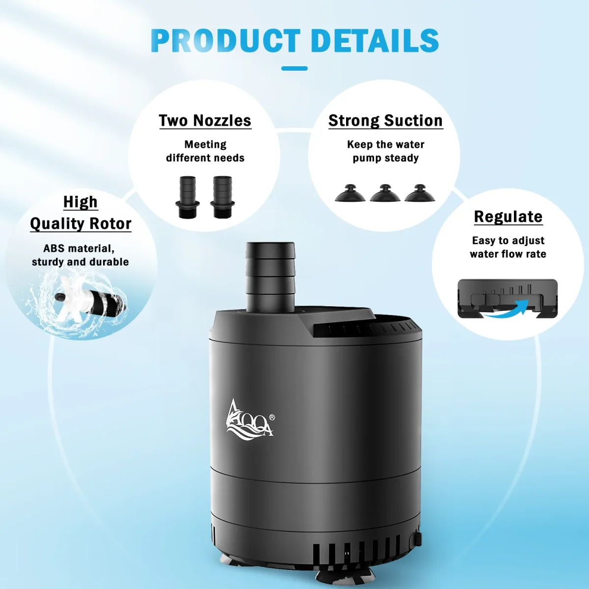 Aquarium Submersible Water Pump, 6W 160GPH, with 2 Nozzles - Bild 4