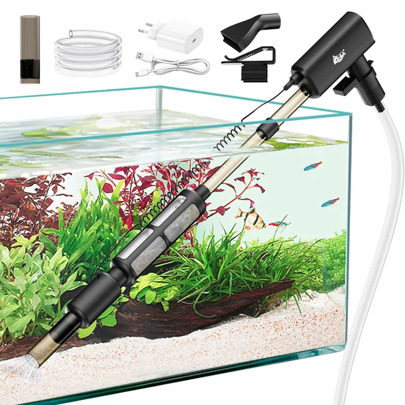 AQQA 8W Aquarium Vacuum Gravel Cleaner, Electric Rechargeable Fish Tank Cleaner Tools For Automatic Water Changing, Debris Removing & Sand Washing